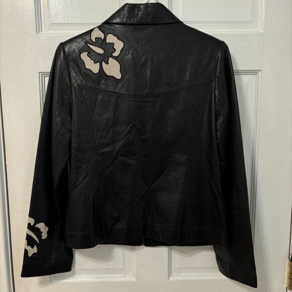 Black Leather Jacket Boxy Collar Zip Up Hibiscus Flowers Cream Cut Out Motif S M - Picture 6 of 9
